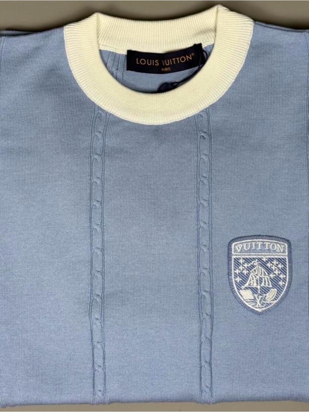 Louis Vuitton Pale Blue Sweater with Cream Collar
